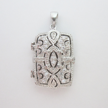 Rectangle and CZ "Viintage" Locket Pendant - Click Image to Close